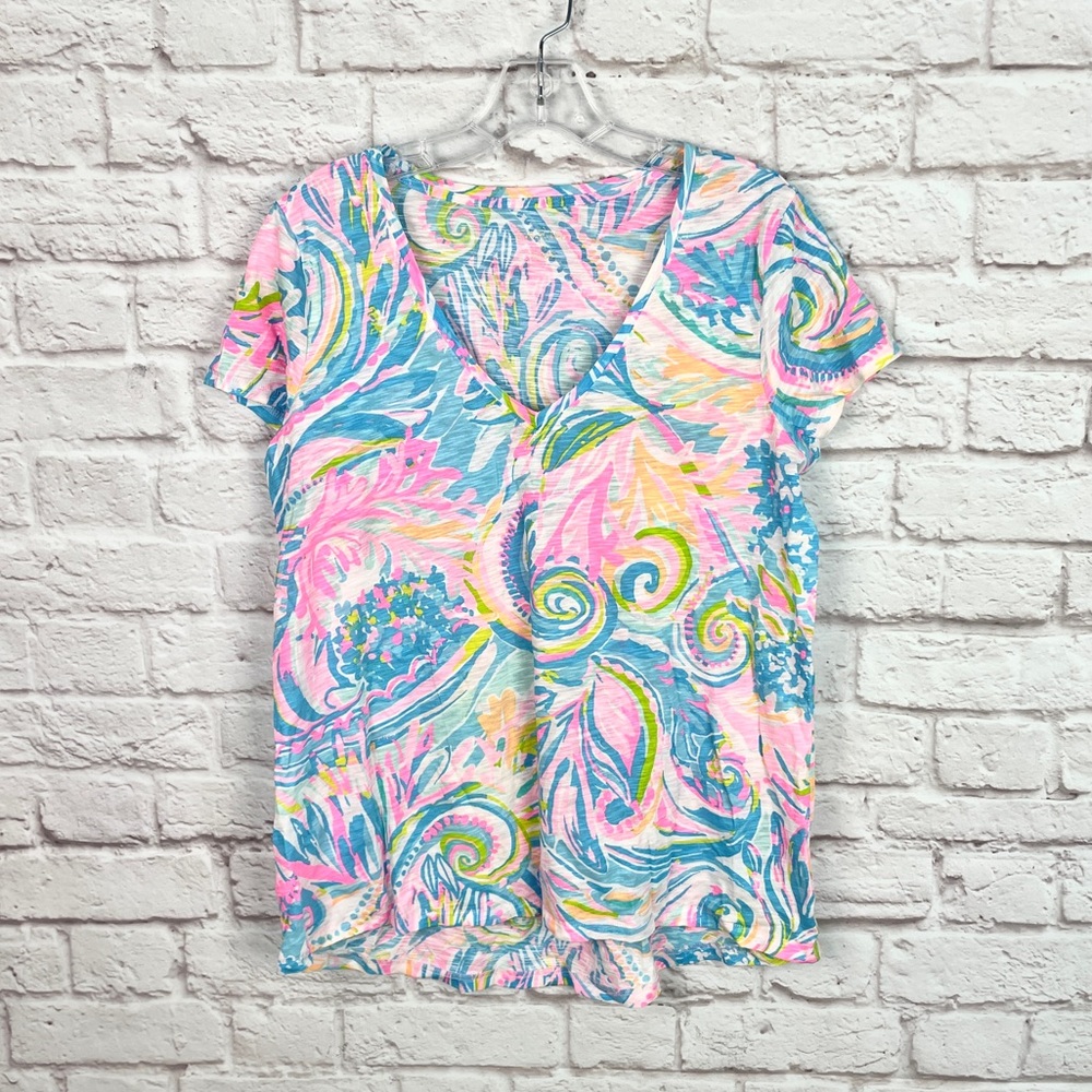 Lilly Pulitzer Pink Blue Etta 100% Cotton Top Carnival Coral Size M